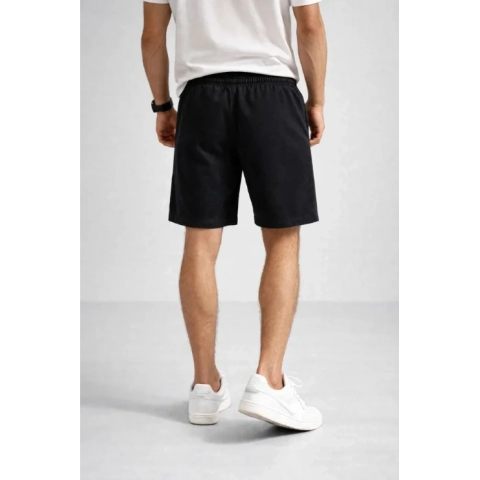 Erkek Otoban Dokuma Şort Beli Lastikli Bağcıklı, Cepli, Rahat Kesim Günlük Yazlık Şort - Siyah