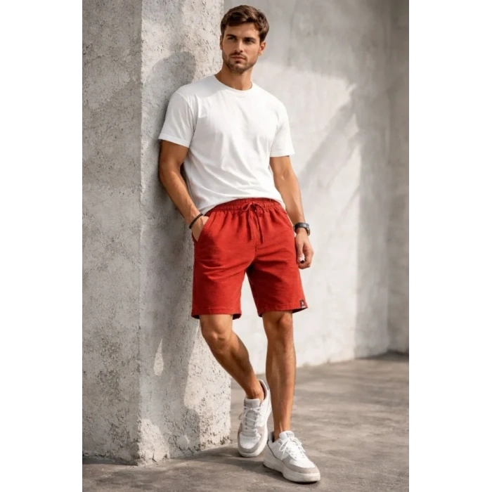 Erkek Otoban Dokuma Şort Beli Lastikli Bağcıklı, Cepli, Rahat Kesim Günlük Yazlık Şort - Turuncu