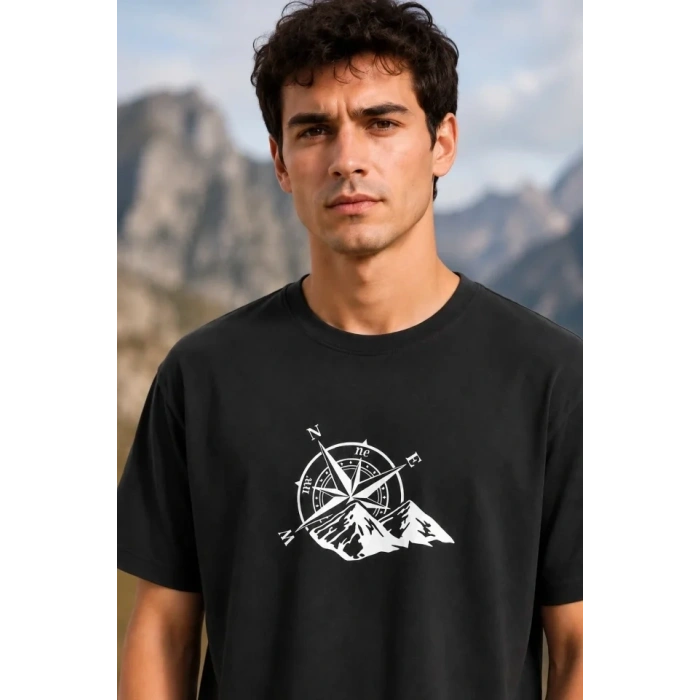 Erkek Outdoor Pusula Dağ Baskılı Kısa Kollu Oversize T-Shirt - Siyah