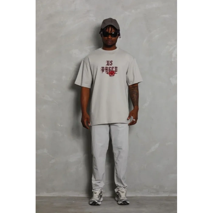 ERKEK Oversize Baskılı Bisiklet Yaka T-Shirt - Gri