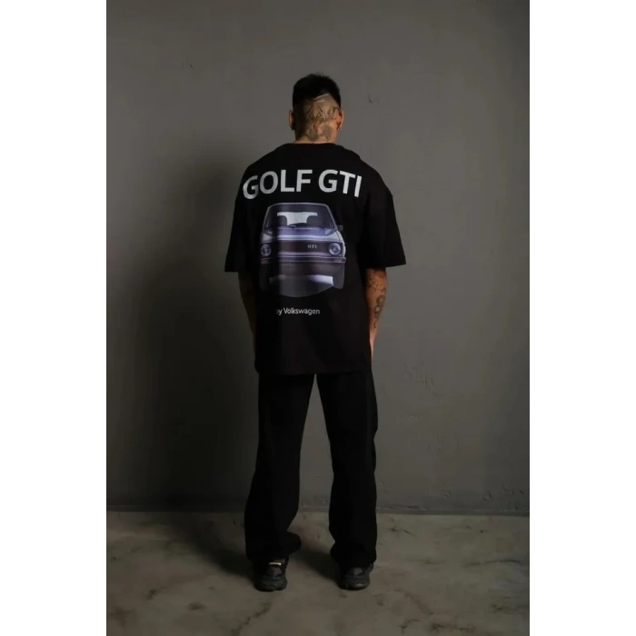 Erkek Oversize Baskılı Tişört – Golf GTI Retro Araba Desenli, Ön - Arka Dijital Baskı, Sokak Modası Stil - Siyah