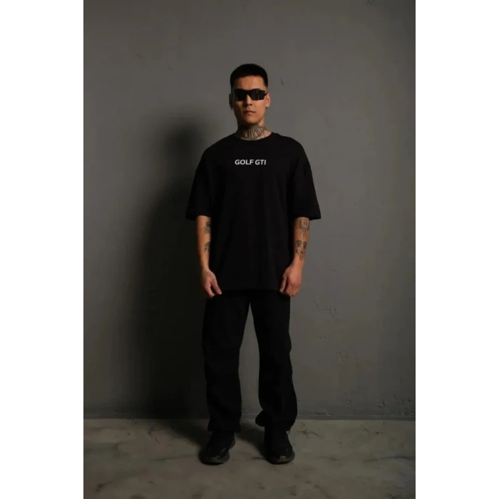 Erkek Oversize Baskılı Tişört – Golf GTI Retro Araba Desenli, Ön - Arka Dijital Baskı, Sokak Modası Stil - Siyah