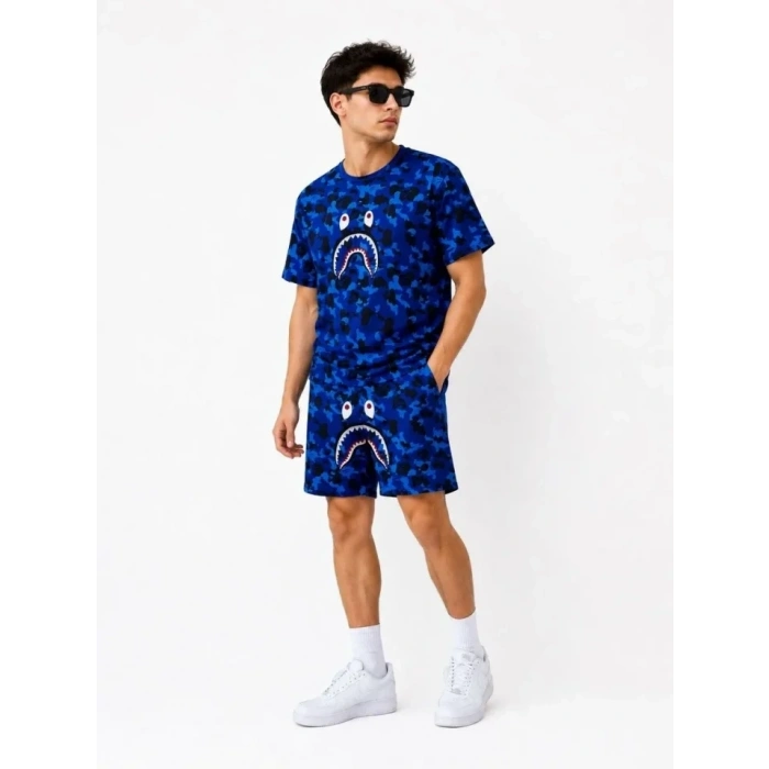 Erkek Oversize Kalıp Pubg Bape X Shark Nakışlı Cepli Şort Takım - Mavi