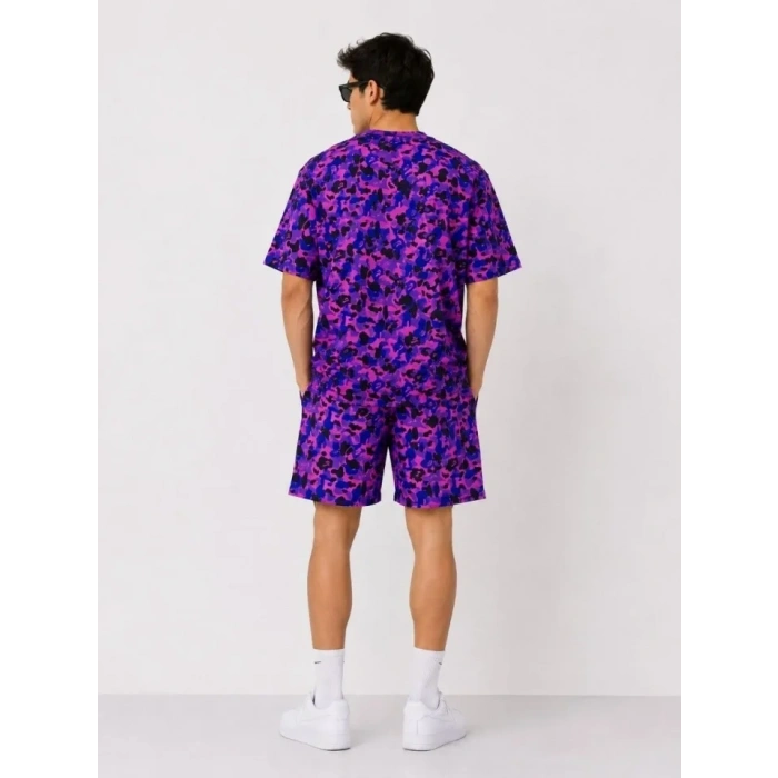 Erkek Oversize Kalıp Pubg Bape X Shark Nakışlı Cepli Şort Takım - Mor