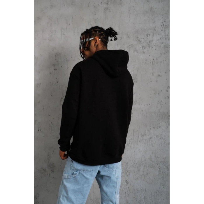 Erkek Oversize Kapüşonlu Sweatshirt – Siyah Renk Üç İplik İçi Pamuklu Kanguru Cepli Baskılı Hoodie Rahat Kalıp Kışlık Günlük Kombinlere Uygun - Siyah