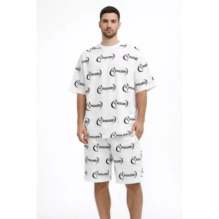 Erkek Oversize Ön Ve Arka Baskılı Tişört Şort Takım Rahat Kalıp Yazlık Günlük Kombin - Beyaz