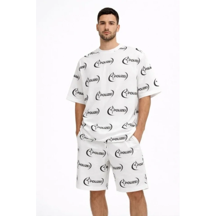 Erkek Oversize Ön Ve Arka Baskılı Tişört Şort Takım Rahat Kalıp Yazlık Günlük Kombin - Beyaz