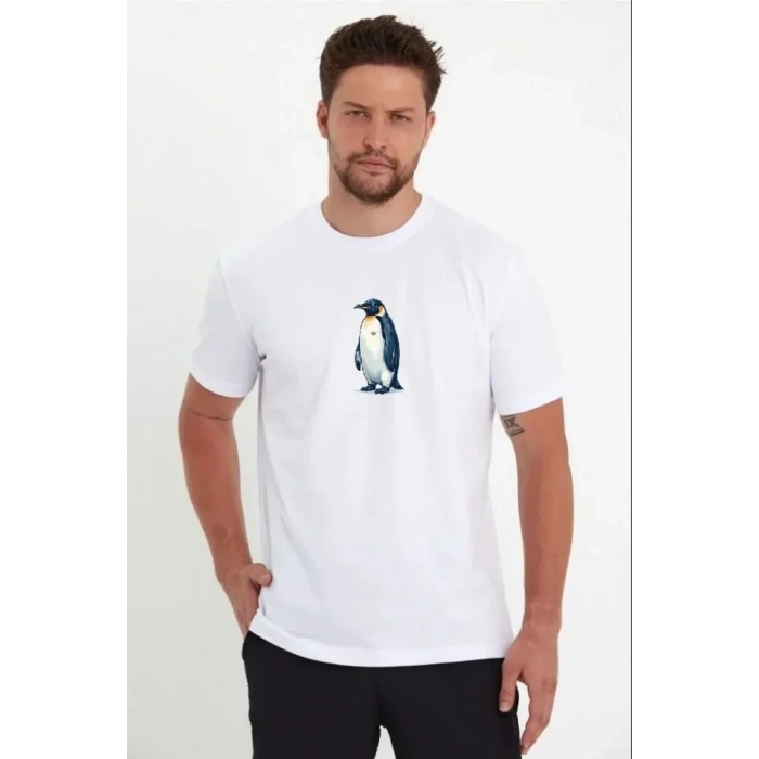 Erkek Oversize Tişört - Sırt Baskılı Survivor Penguin Temalı, Felsefi Yazılı Bisiklet Yaka Tişört - Beyaz