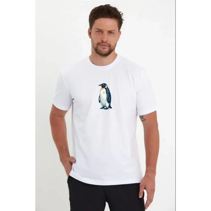 Erkek Oversize Tişört - Sırt Baskılı Survivor Penguin Temalı, Felsefi Yazılı Bisiklet Yaka Tişört - Beyaz