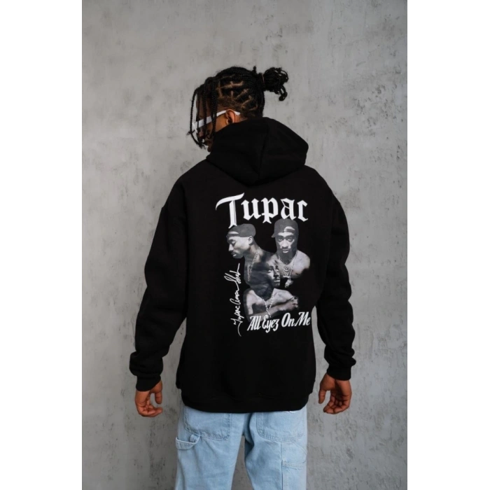 Erkek Oversize Üç İplik Kapüşonlu Sweat – Siyah Kol Ve Etek Ribana Detaylı, Ön Ve Sırt Baskılı, Kanguru Cepli Rahat Kalıp Model