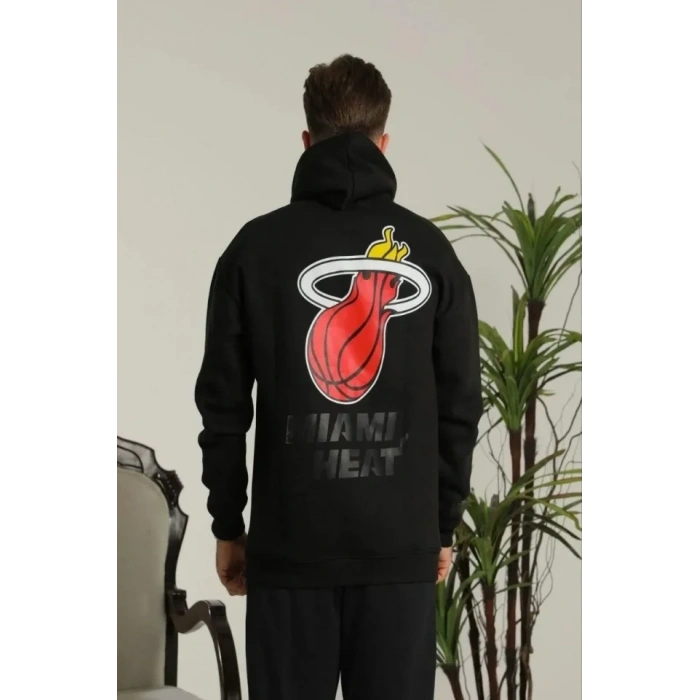 Erkek Oversize Üç İplik Kapüşonlu Sweatshirt –Sırt Ve Ön Baskılı, Kanguru Cepli, Rahat Kalıp Maskot Desenli Model - Siyah