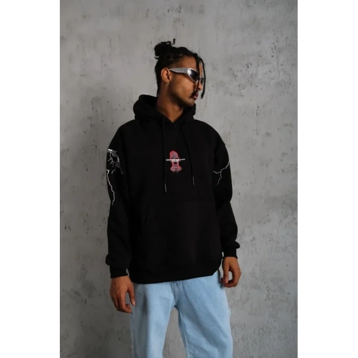 Erkek Oversize Üç İplik Kapüşonlu Sweatshirt – Siyah “Don’t Be Terrified” Ön, Sırt Ve Kol Baskılı, Kanguru Cepli, Ribanalı Rahat Model- Siyah