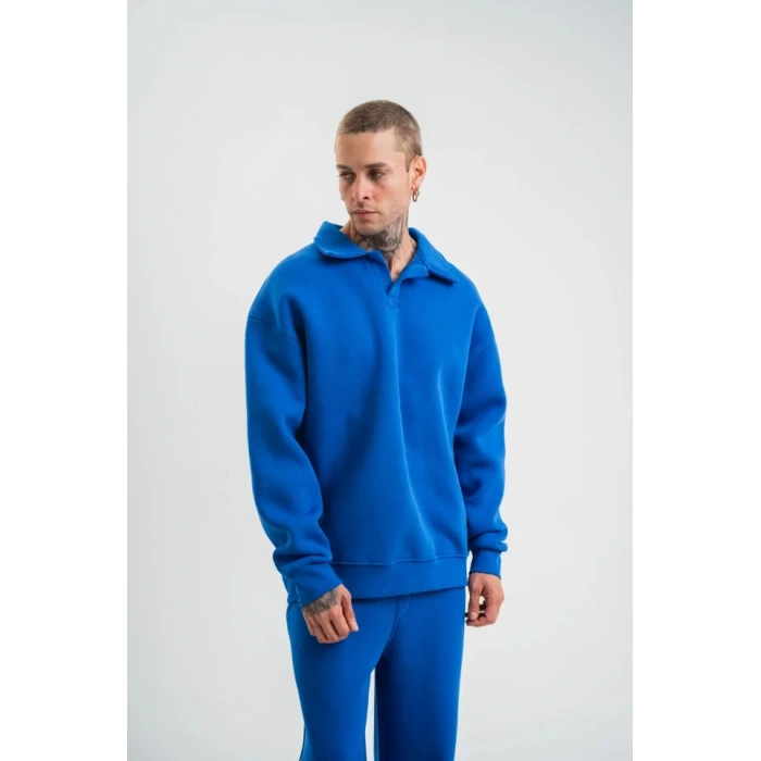 Erkek Patlı Yaka Üç İplik Pamuklu Sweatshirt Double Oversize Rahat Kalıp Günlük Kullanım - Mavi