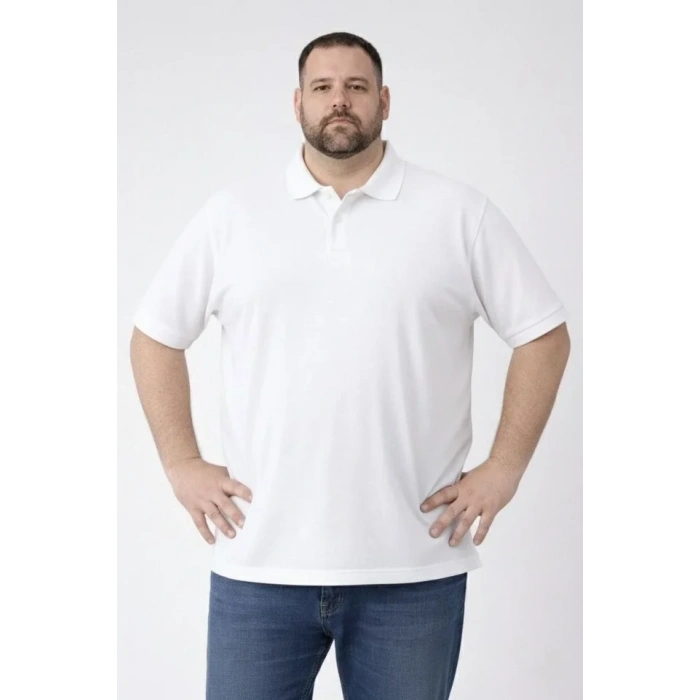 Erkek Pike Kumaş Düğmeli Yaka Battal Büyük Beden Günlük Kısa Kol Tişört T-shirt - Beyaz