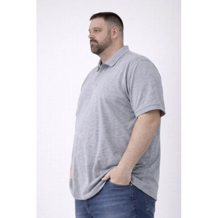 Erkek Pike Kumaş Düğmeli Yaka Battal Büyük Beden Günlük Kısa Kol Tişört T-shirt - Gri