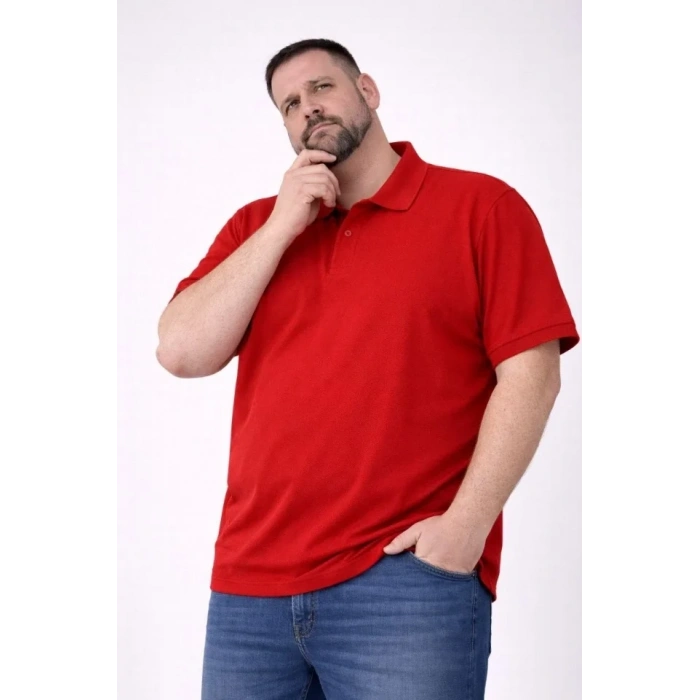 Erkek Pike Kumaş Düğmeli Yaka Battal Büyük Beden Günlük Kısa Kol Tişört T-shirt - Kırmızı