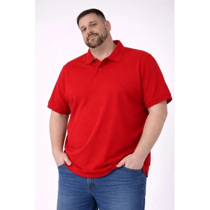 Erkek Pike Kumaş Düğmeli Yaka Battal Büyük Beden Günlük Kısa Kol Tişört T-shirt - Kırmızı
