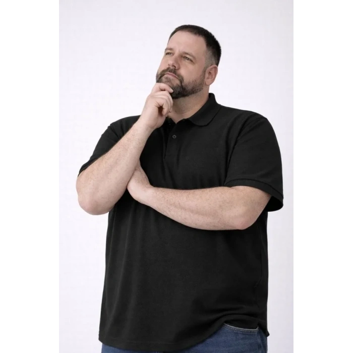 Erkek Pike Kumaş Düğmeli Yaka Battal Büyük Beden Günlük Kısa Kol Tişört T-shirt - Siyah