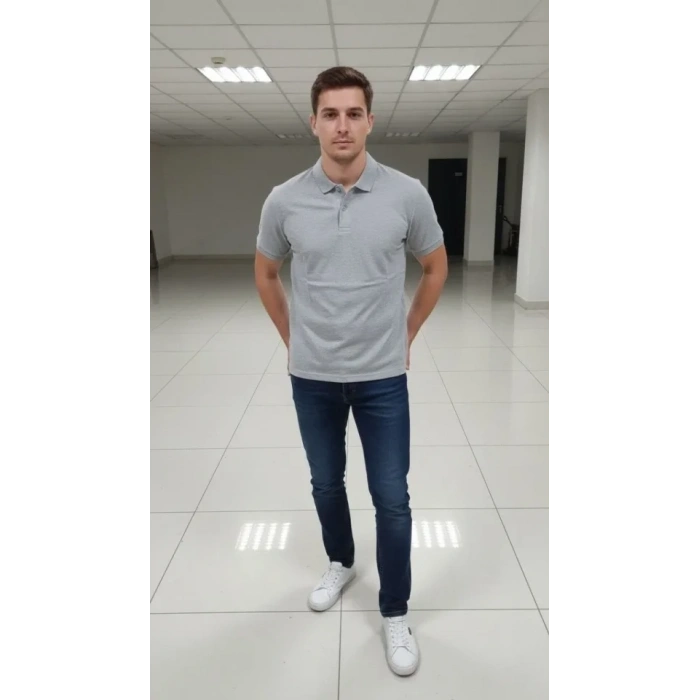 Erkek Pike Kumaş Düğmeli Yaka Regular Fit Günlük Kısa Kol Tişört T-shirt - Gri