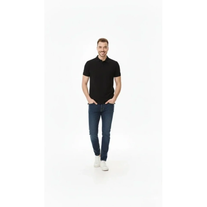 Erkek Pike Kumaş Düğmeli Yaka Regular Fit Günlük Kısa Kol Tişört T-shirt - Siyah