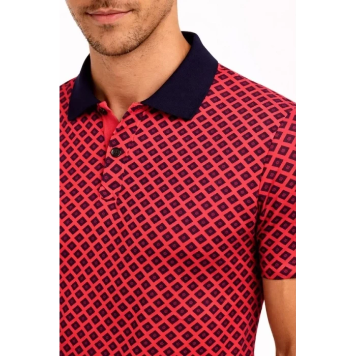 Erkek Pike Kumaş Polo Yaka Desenli Tişört Kısa Kol Yazlık T-Shirt - Kırmızı