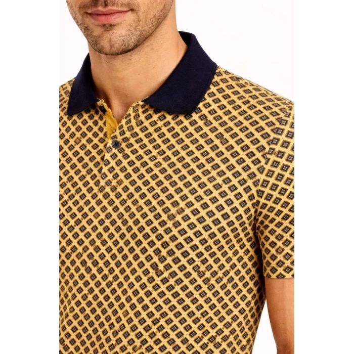 Erkek Pike Kumaş Polo Yaka Desenli Tişört Kısa Kol Yazlık T-Shirt - Sarı
