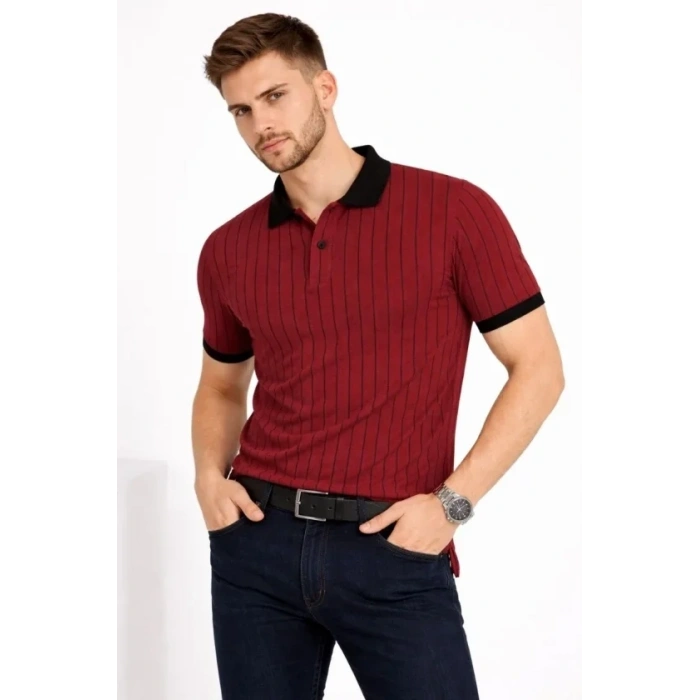Erkek Polo Yaka Çizgili Tişört Kısa Kol Düğmeli Yazlık T-Shirt - Bordo