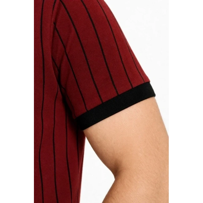 Erkek Polo Yaka Çizgili Tişört Kısa Kol Düğmeli Yazlık T-Shirt - Bordo