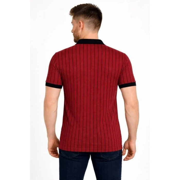 Erkek Polo Yaka Çizgili Tişört Kısa Kol Düğmeli Yazlık T-Shirt - Bordo