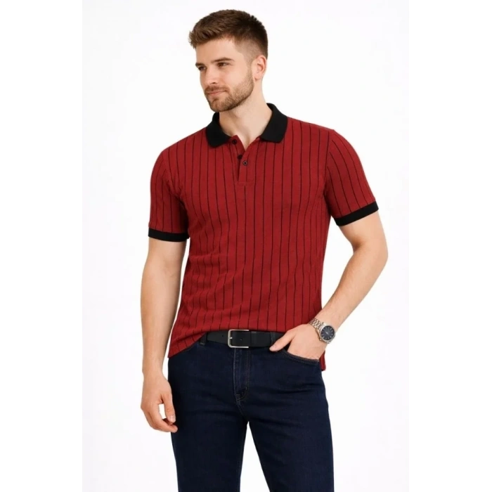 Erkek Polo Yaka Çizgili Tişört Kısa Kol Düğmeli Yazlık T-Shirt - Bordo