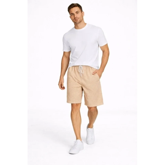 Erkek Pötikareli Şort – Beli Lastikli Bağcıklı, Cepli, Rahat Kesim Günlük Yazlık Şort - Bej