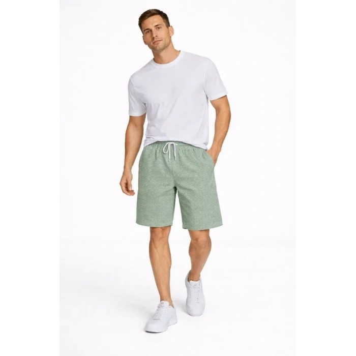 Erkek Pötikareli Şort – Beli Lastikli Bağcıklı, Cepli, Rahat Kesim Günlük Yazlık Şort - Mint Yeşili