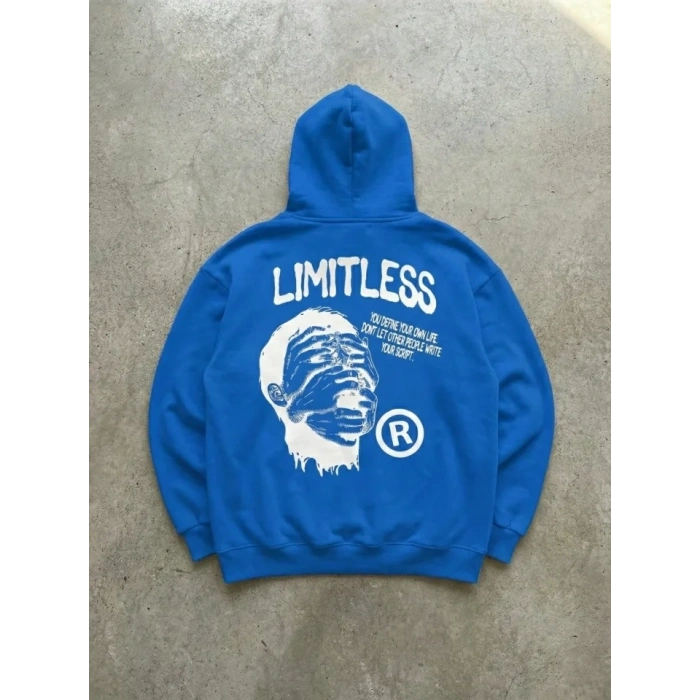 Erkek Premium Baskılı Kapşonlu Sweatshirt Üç İplik İçi Pamuklu Kanguru Cepli - Saks Mavisi