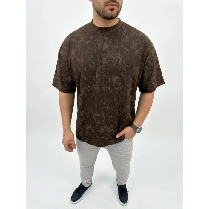 Erkek Premium Tişört OSY Yumuşak Dokulu Yıkamalı Oversize T-Shirt - Kahverengi