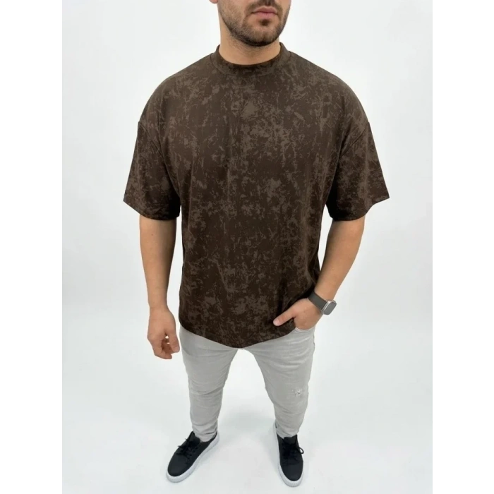 Erkek Premium Tişört OSY Yumuşak Dokulu Yıkamalı Oversize T-Shirt - Kahverengi