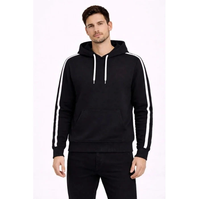Erkek Şeritli Kapüşonlu Sweatshirt Oversize 3 Iplik Pamuklu - Siyah