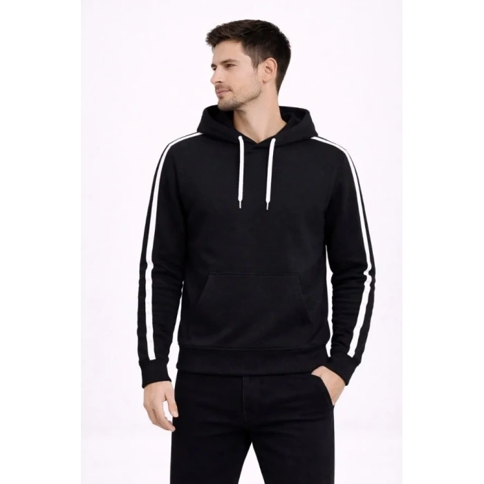Erkek Şeritli Kapüşonlu Sweatshirt Oversize 3 Iplik Pamuklu - Siyah