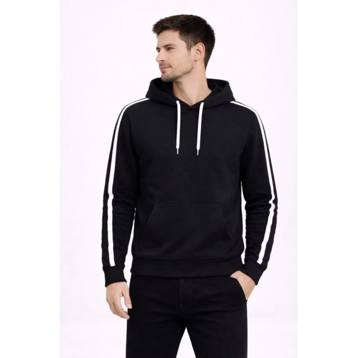Erkek Şeritli Kapüşonlu Sweatshirt Oversize 3 Iplik Pamuklu - Siyah