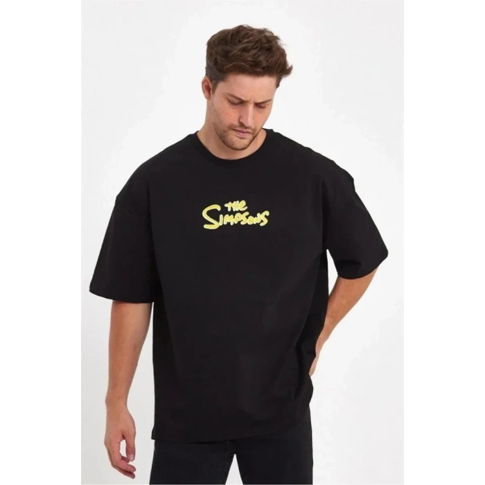 Erkek Sırt Baskılı Bisiklet Yaka Oversize T-shirt - Siyah