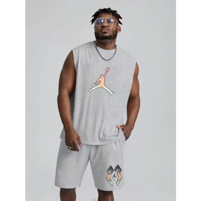 Erkek Sırt Baskılı Sıfır Kol İkili Şort Takım - Gri