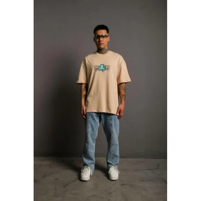 Erkek Sırt Baskılı T-shirt - Bej