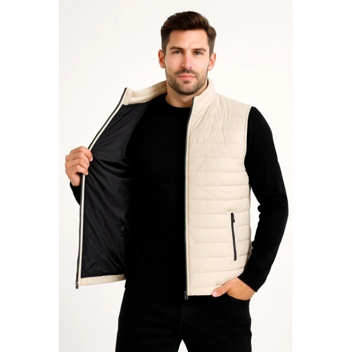 Erkek Şişme Fermuarlı Yelek Su Itici Kapitone Astarlı Kumaş Cepli Hafif Kışlık Spor Rahat Kalıp -Bej