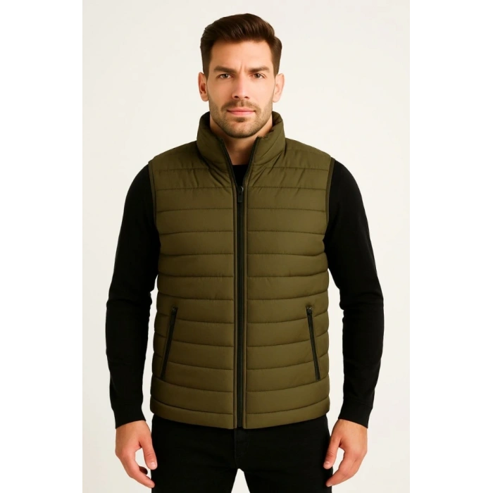 Erkek Şişme Fermuarlı Yelek Su Itici Kapitone Astarlı Kumaş Cepli Hafif Kışlık Spor Rahat Kalıp - Haki