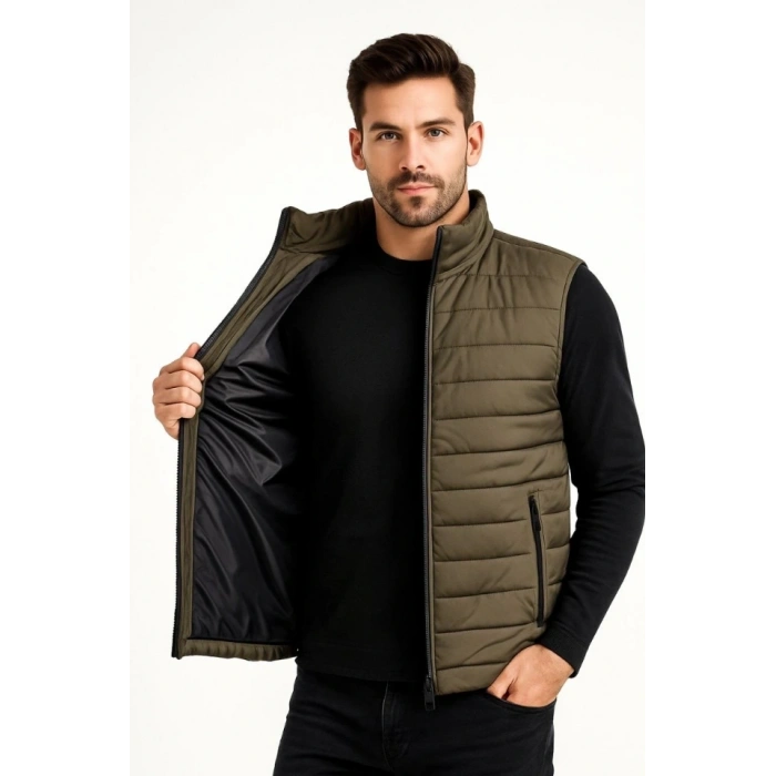 Erkek Şişme Fermuarlı Yelek Su Itici Kapitone Astarlı Kumaş Cepli Hafif Kışlık Spor Rahat Kalıp - Haki