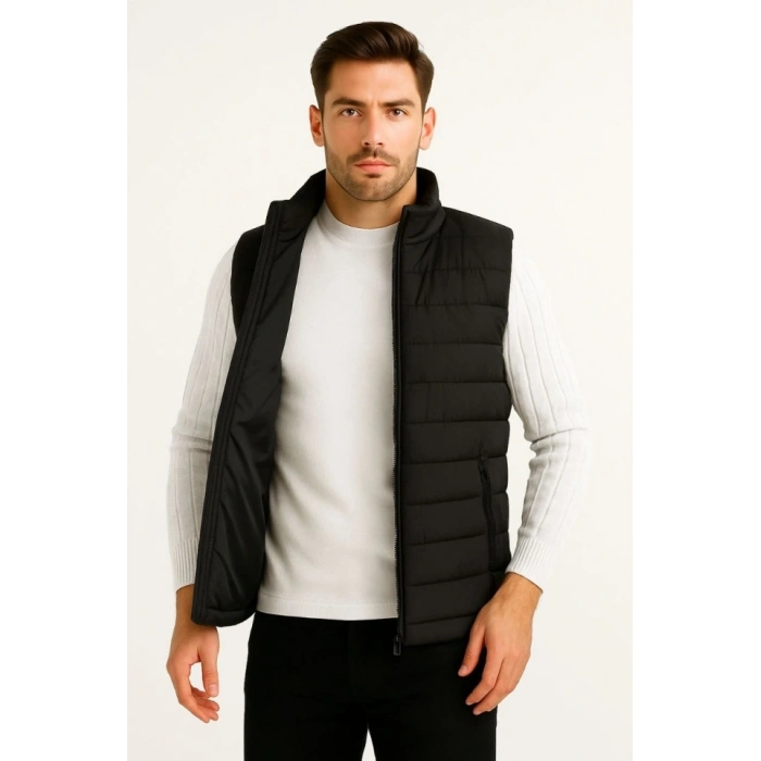 Erkek Şişme Fermuarlı Yelek Su Itici Kapitone Astarlı Kumaş Cepli Hafif Kışlık Spor Rahat Kalıp - Siyah