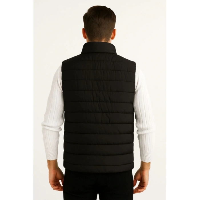 Erkek Şişme Fermuarlı Yelek Su Itici Kapitone Astarlı Kumaş Cepli Hafif Kışlık Spor Rahat Kalıp - Siyah