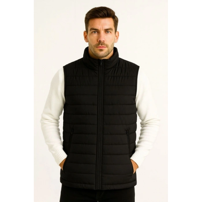 Erkek Şişme Fermuarlı Yelek Su Itici Kapitone Astarlı Kumaş Cepli Hafif Kışlık Spor Rahat Kalıp - Siyah