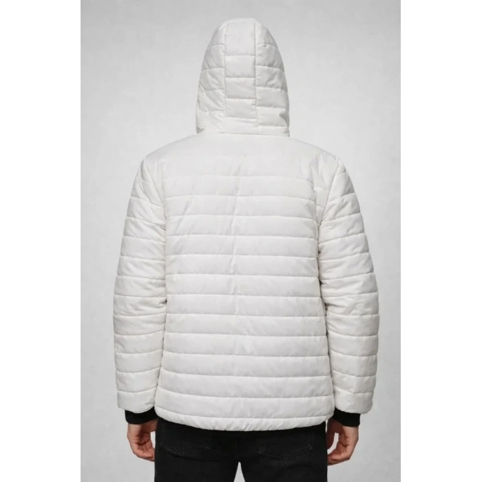 Erkek Şişme Kapüşonlu Fermuarlı Mont Su Itici Kapitone Astarlı Kumaş Cepli Kışlık Rahat Kalıp - Krem