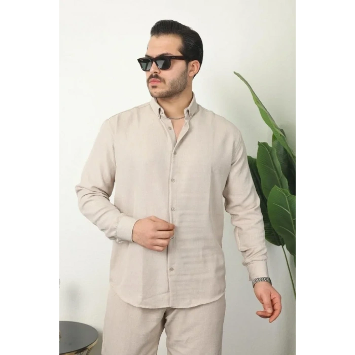Erkek Sofya Keten Gömlek Pantolon Alt Üst Takım Uzun Kollu - Krem