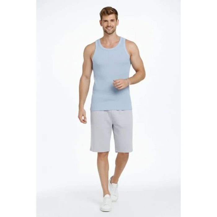 Erkek Spor Fitilli Atlet 2li Set Kahverengi Ve Bebek Mavisi Slim Fit Kaşkorse Arka Baskılı Spor Atlet